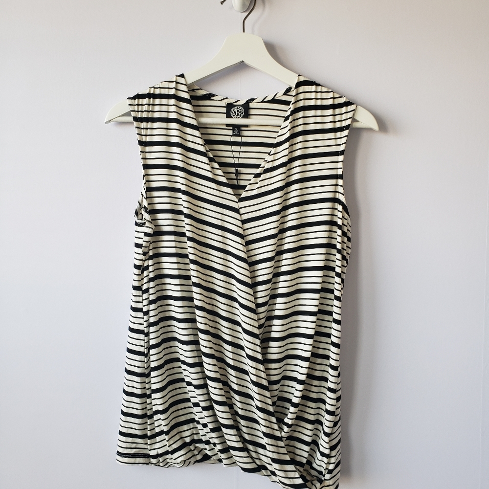 Bobeau sleeveless black & white stripe faux wrap v-neck top